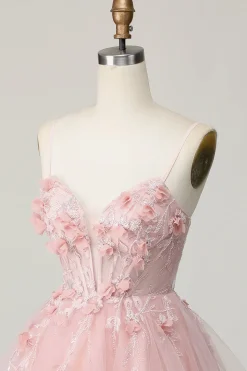 Espartilho cor-de-rosa A Line Short Appliqued Homecoming Dress with Beading