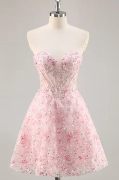 Espartilho cor-de-rosa A Line Strapless Homecoming Dress com apliques