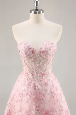 Espartilho cor-de-rosa A Line Strapless Homecoming Dress com apliques