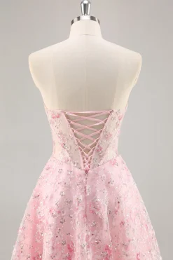 Espartilho cor-de-rosa A Line Strapless Homecoming Dress com apliques