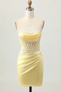 Espartilho de cetim amarelo apertado vestido curto Homecoming com renda para trás