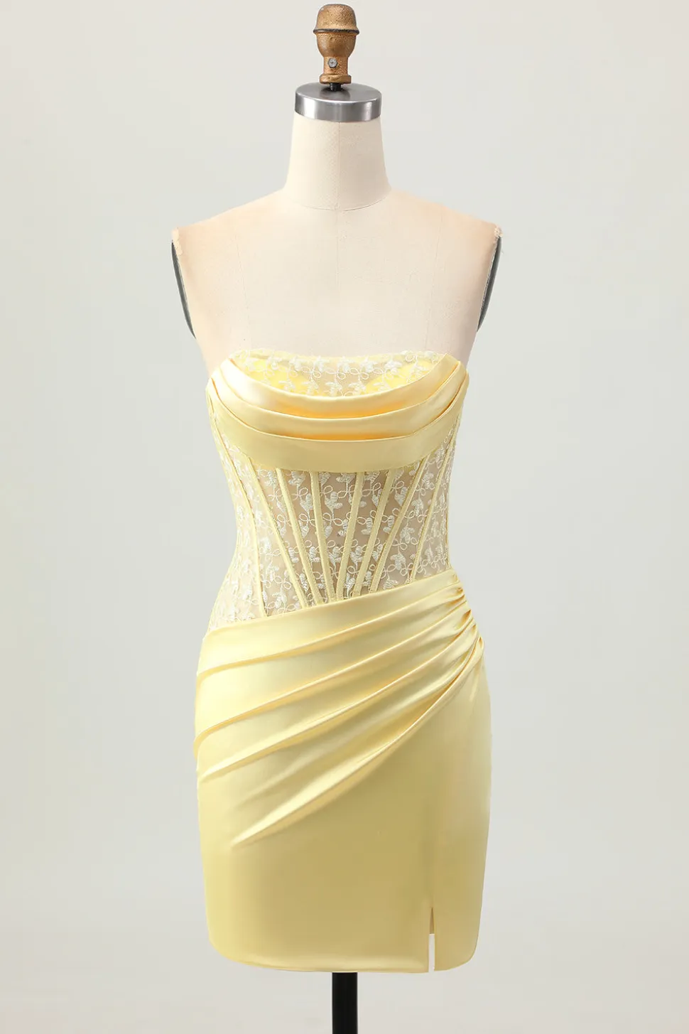 Espartilho de cetim amarelo apertado vestido curto Homecoming com renda para trás