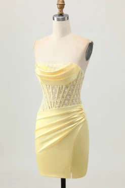 Espartilho de cetim amarelo apertado vestido curto Homecoming com renda para trás