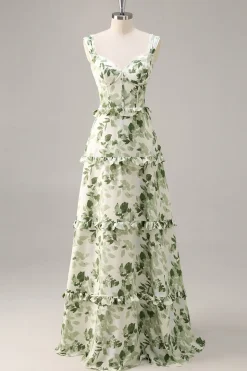 Espartilho de flor verde Um vestido de dama de honra linha com babados
