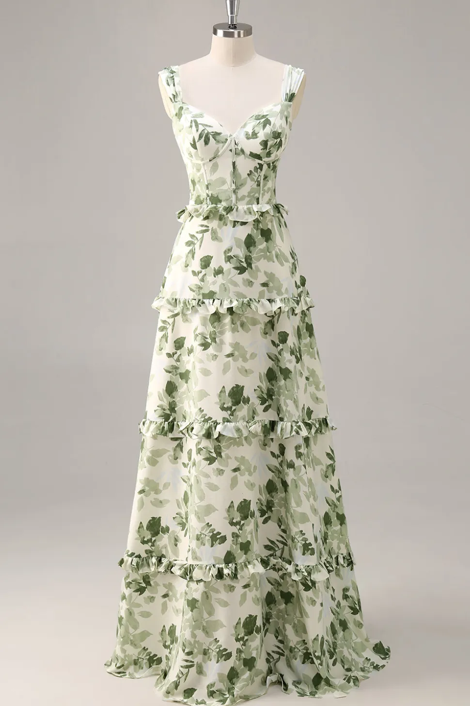 Espartilho de flor verde Um vestido de dama de honra linha com babados