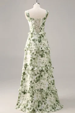 Espartilho de flor verde Um vestido de dama de honra linha com babados