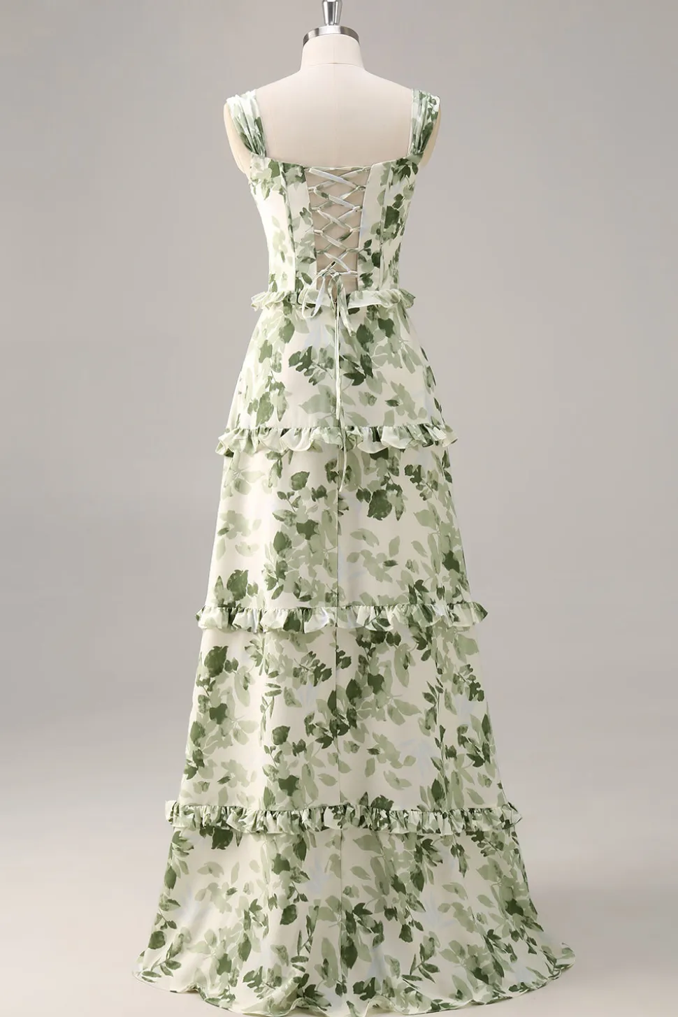 Espartilho de flor verde Um vestido de dama de honra linha com babados