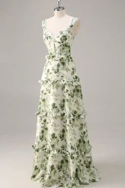Espartilho de flor verde Um vestido de dama de honra linha com babados