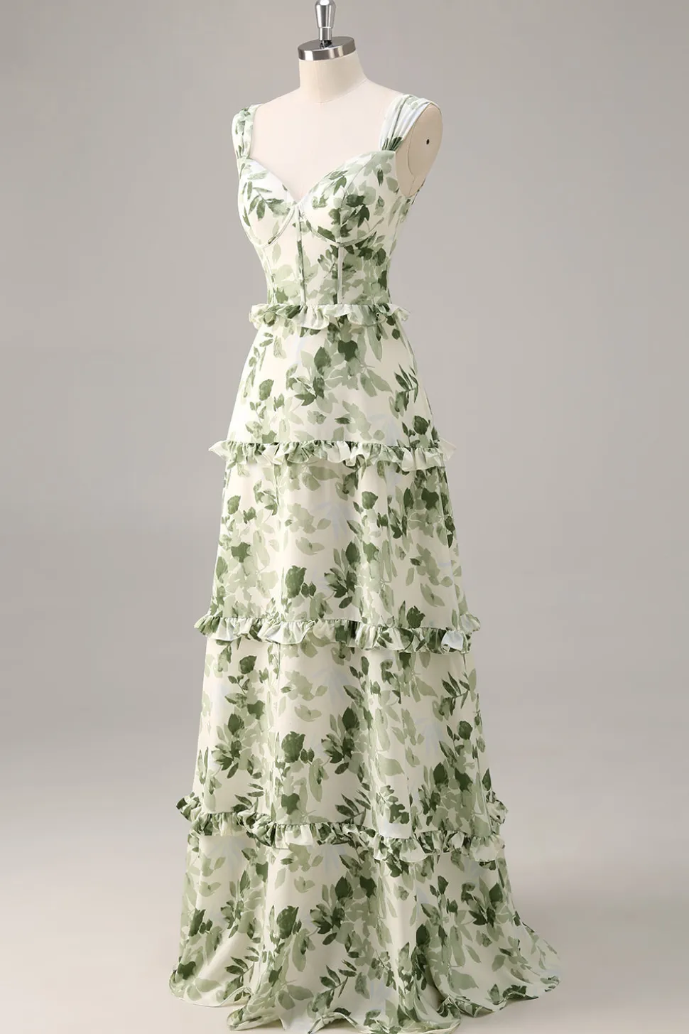 Espartilho de flor verde Um vestido de dama de honra linha com babados
