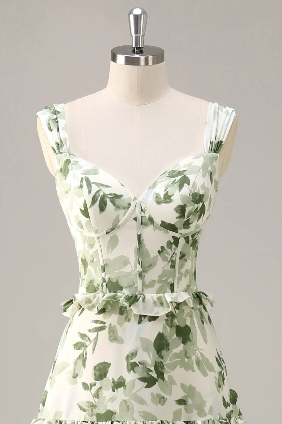 Espartilho de flor verde Um vestido de dama de honra linha com babados