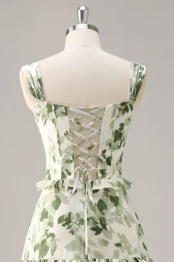 Espartilho de flor verde Um vestido de dama de honra linha com babados
