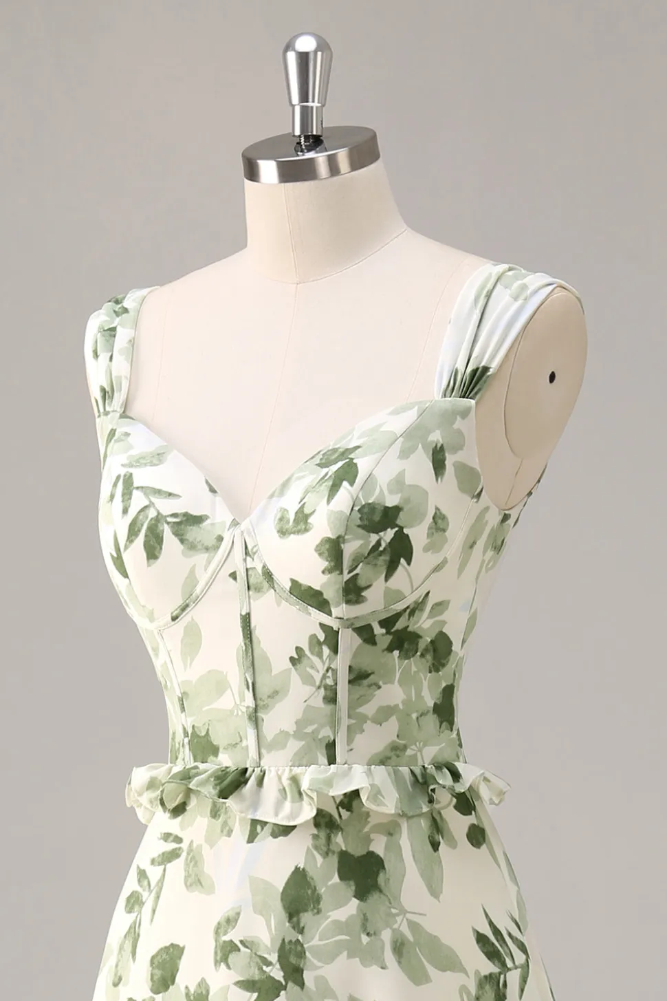 Espartilho de flor verde Um vestido de dama de honra linha com babados