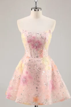 Espartilho Floral Sequin Strapless Rosa Homecoming Dress