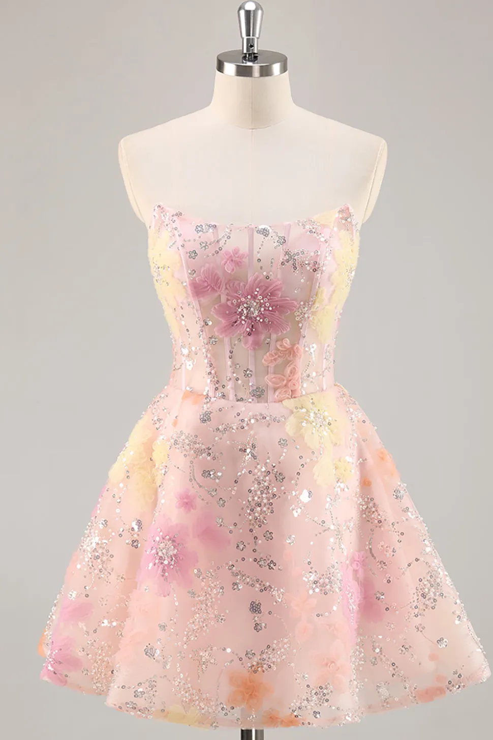 Espartilho Floral Sequin Strapless Rosa Homecoming Dress