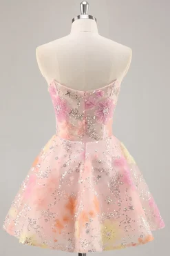 Espartilho Floral Sequin Strapless Rosa Homecoming Dress