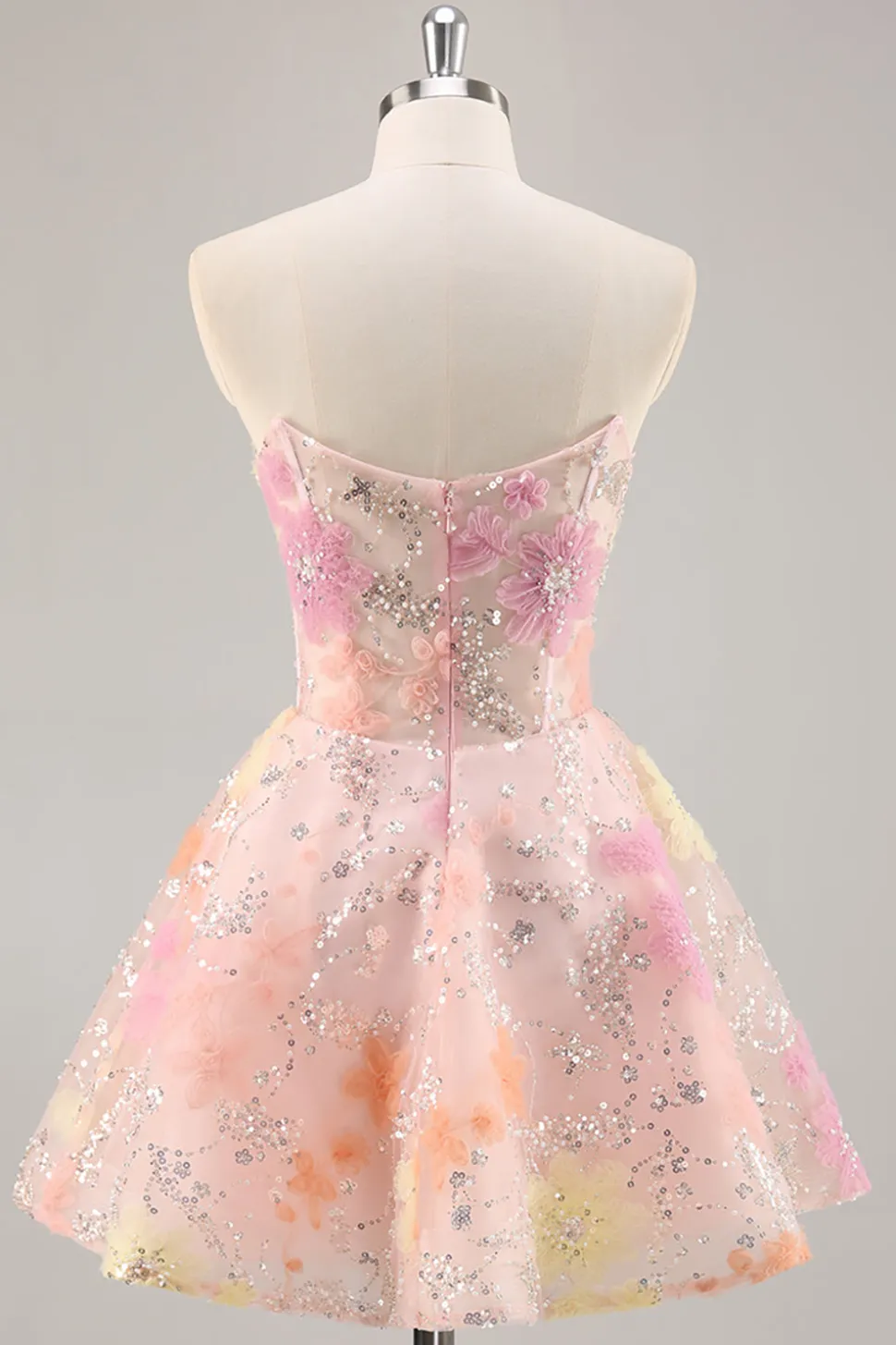 Espartilho Floral Sequin Strapless Rosa Homecoming Dress
