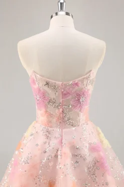 Espartilho Floral Sequin Strapless Rosa Homecoming Dress