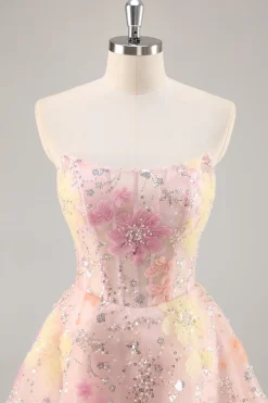 Espartilho Floral Sequin Strapless Rosa Homecoming Dress