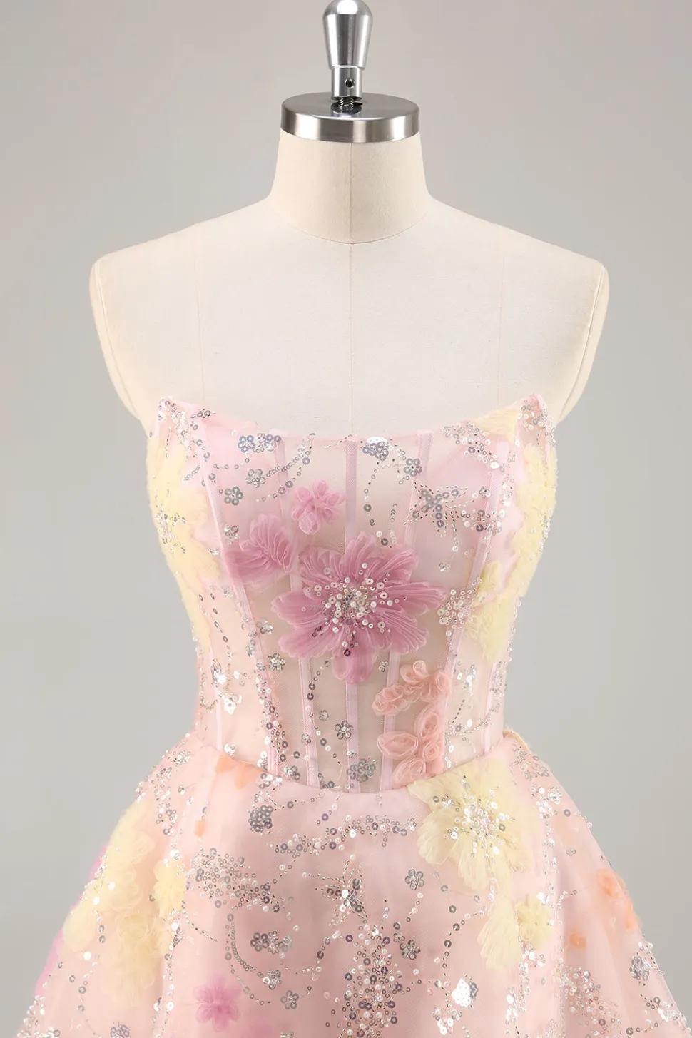 Espartilho Floral Sequin Strapless Rosa Homecoming Dress
