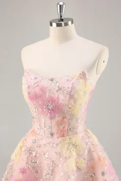 Espartilho Floral Sequin Strapless Rosa Homecoming Dress