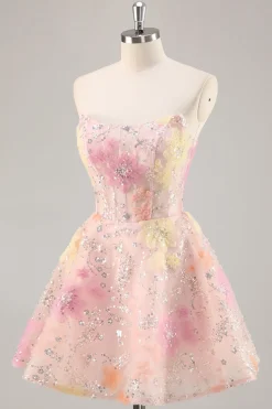 Espartilho Floral Sequin Strapless Rosa Homecoming Dress