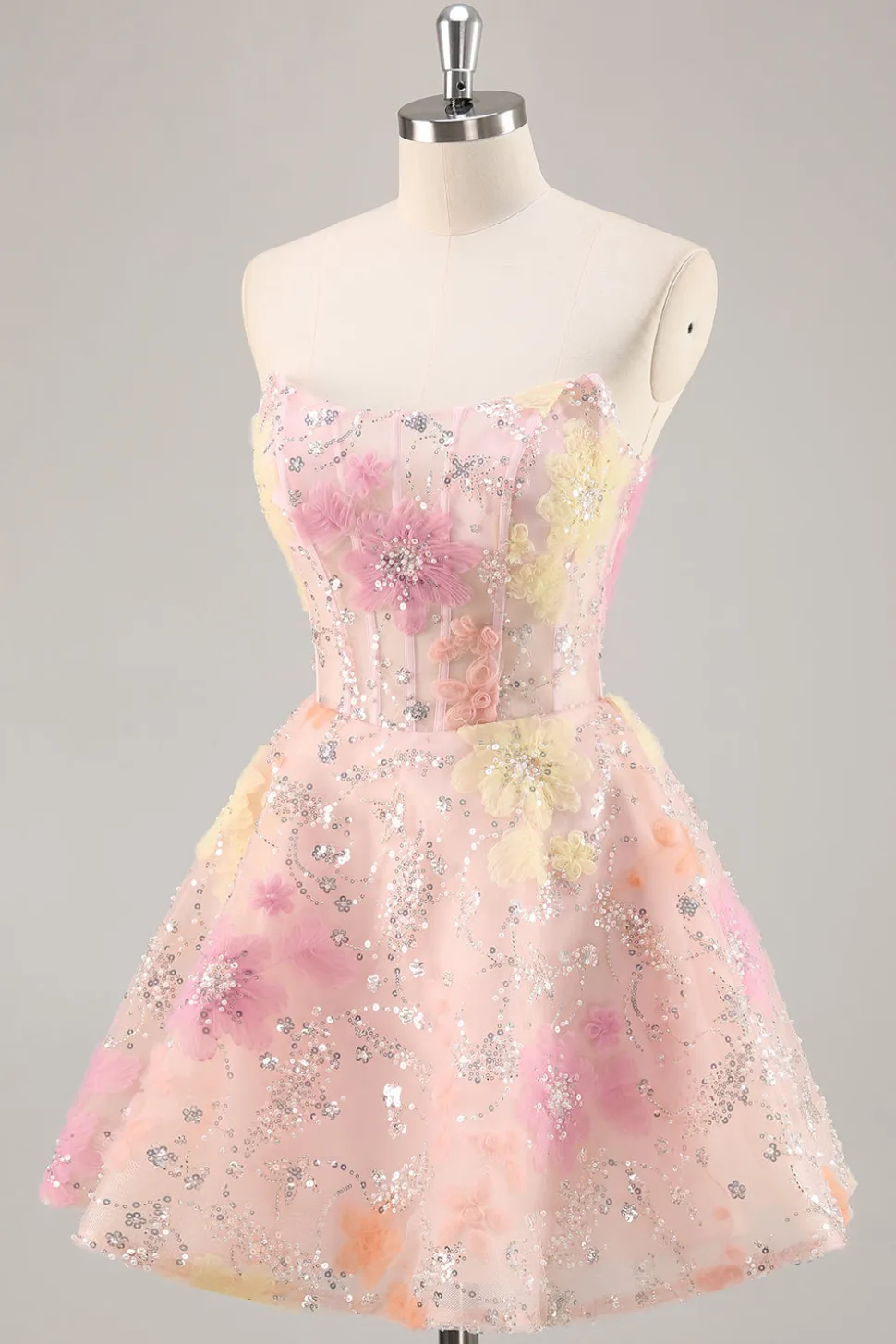 Espartilho Floral Sequin Strapless Rosa Homecoming Dress