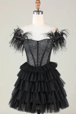 Espartilho frisado brilhante A-Line Preto Vestido Curto Homecoming com Penas