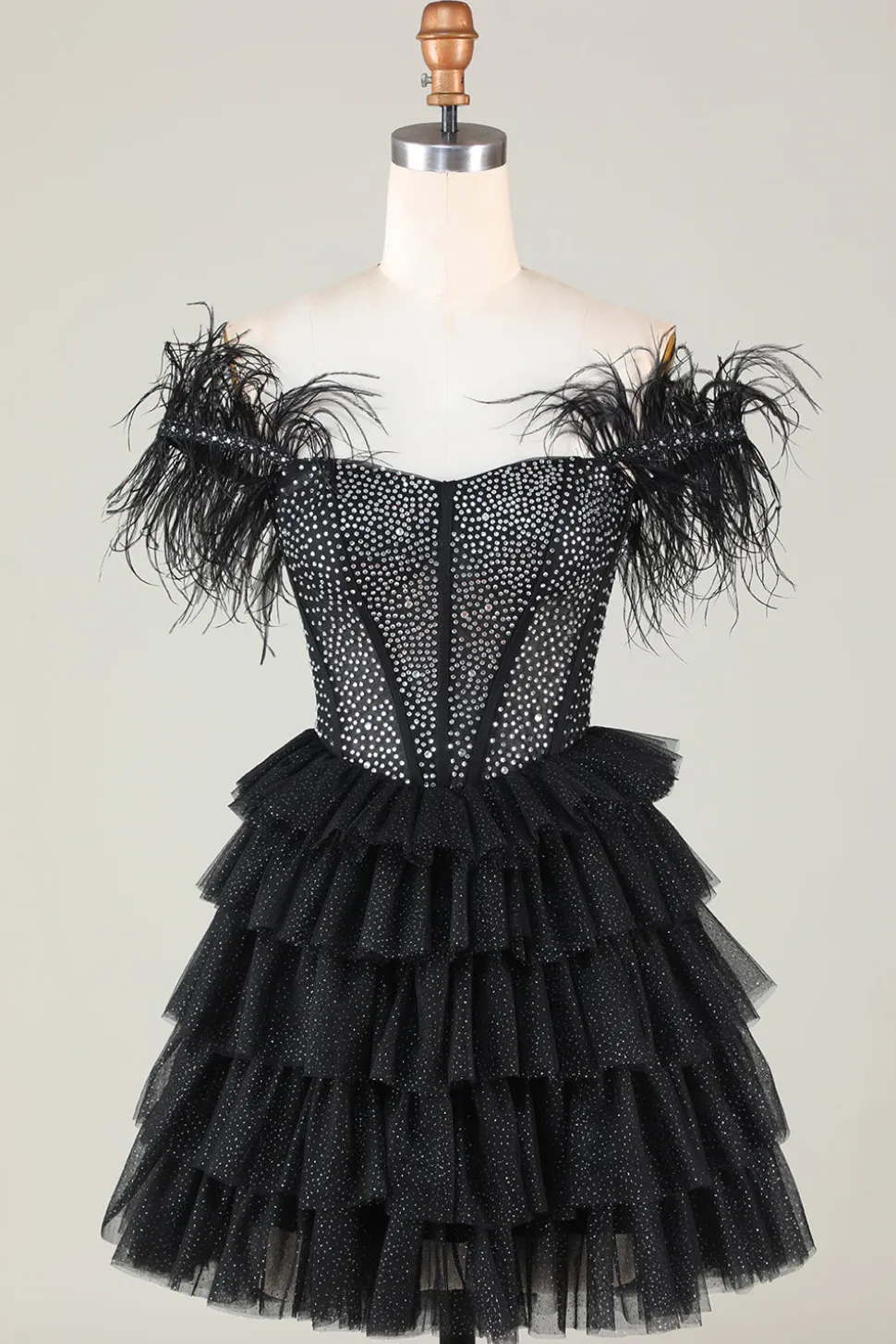 Espartilho frisado brilhante A-Line Preto Vestido Curto Homecoming com Penas