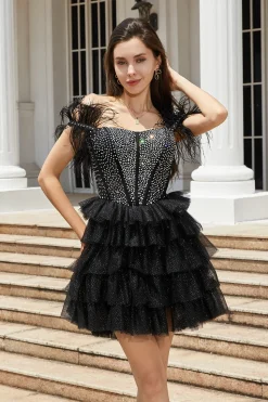 Espartilho frisado brilhante A-Line Preto Vestido Curto Homecoming com Penas