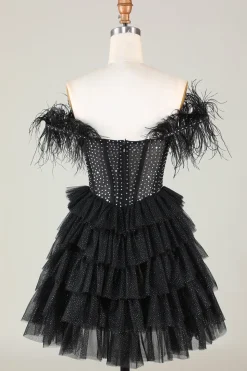 Espartilho frisado brilhante A-Line Preto Vestido Curto Homecoming com Penas