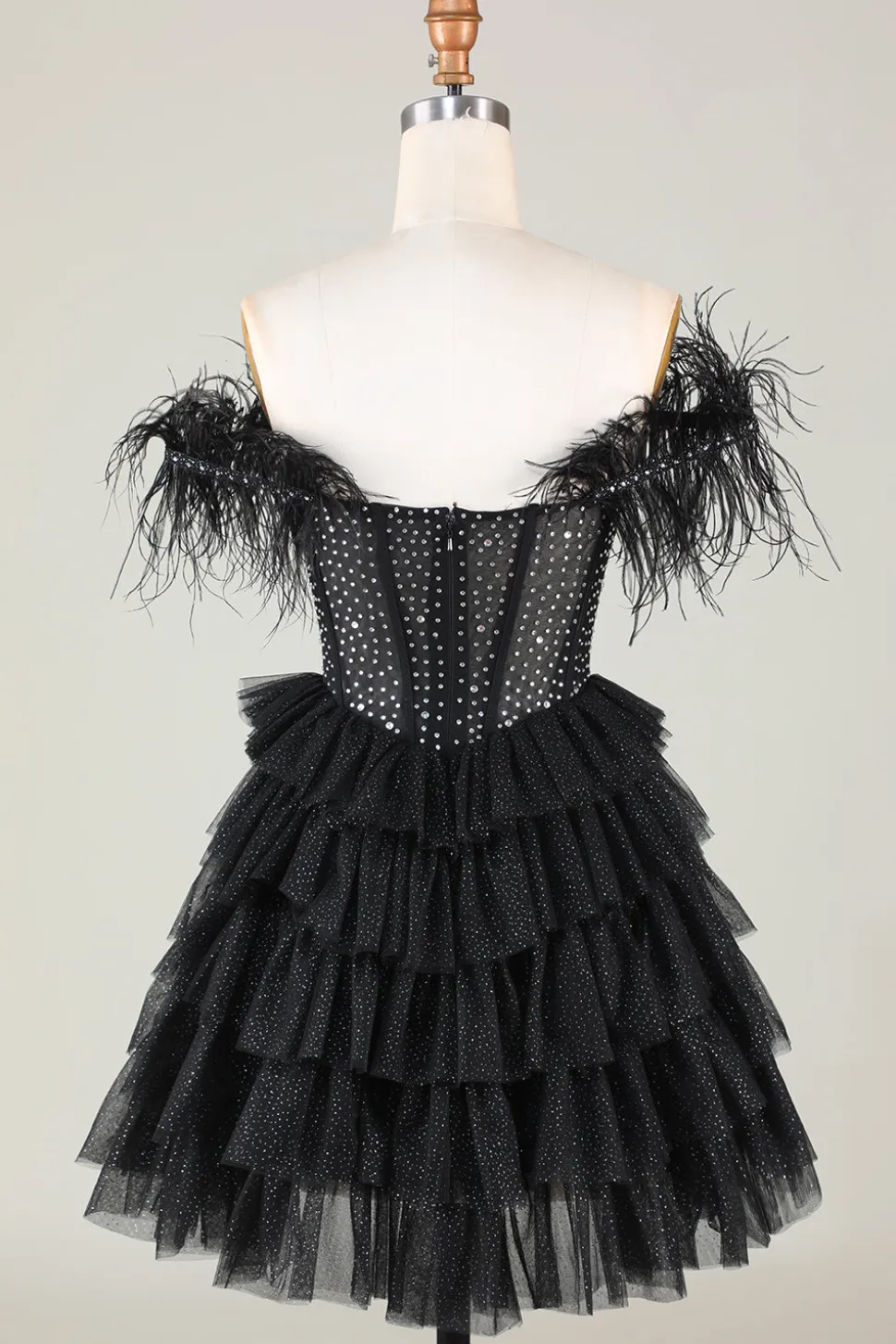 Espartilho frisado brilhante A-Line Preto Vestido Curto Homecoming com Penas