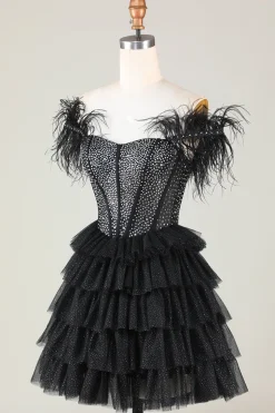 Espartilho frisado brilhante A-Line Preto Vestido Curto Homecoming com Penas