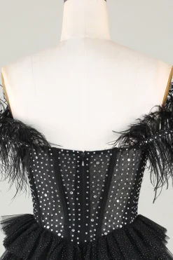 Espartilho frisado brilhante A-Line Preto Vestido Curto Homecoming com Penas