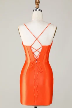 Espartilho frisado laranja brilhante apertado vestido curto Homecoming