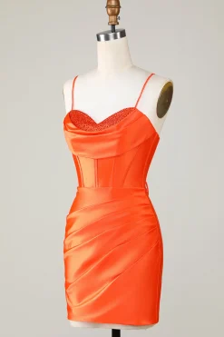 Espartilho frisado laranja brilhante apertado vestido curto Homecoming
