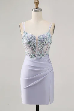 Espartilho Lavanda Bodycon Ruched Mini Vestido Cocktail