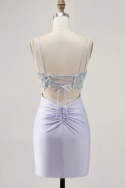 Espartilho Lavanda Bodycon Ruched Mini Vestido Cocktail