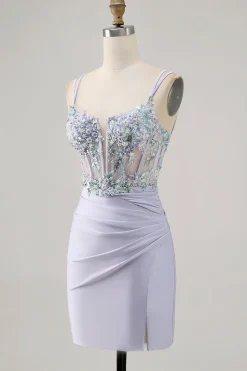 Espartilho Lavanda Bodycon Ruched Mini Vestido Cocktail
