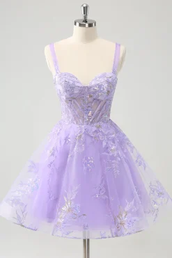 Espartilho Lilás A-Line Bordado Vestido Homecoming com Sequins