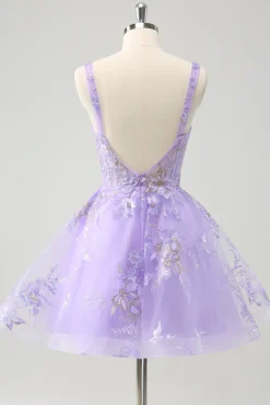 Espartilho Lilás A-Line Bordado Vestido Homecoming com Sequins