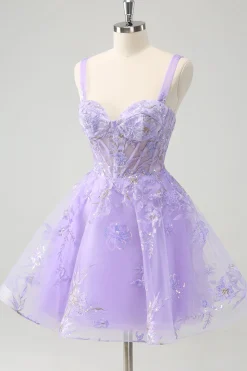 Espartilho Lilás A-Line Bordado Vestido Homecoming com Sequins