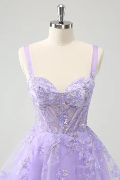 Espartilho Lilás A-Line Bordado Vestido Homecoming com Sequins