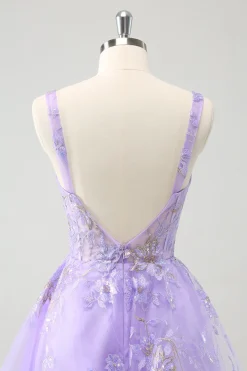 Espartilho Lilás A-Line Bordado Vestido Homecoming com Sequins