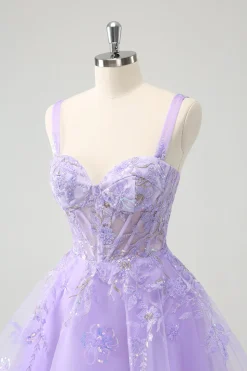 Espartilho Lilás A-Line Bordado Vestido Homecoming com Sequins