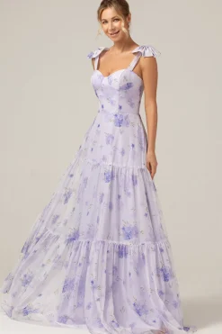 Espartilho Lilás Estampa Floral A-Line Vestido Longo Madrinha