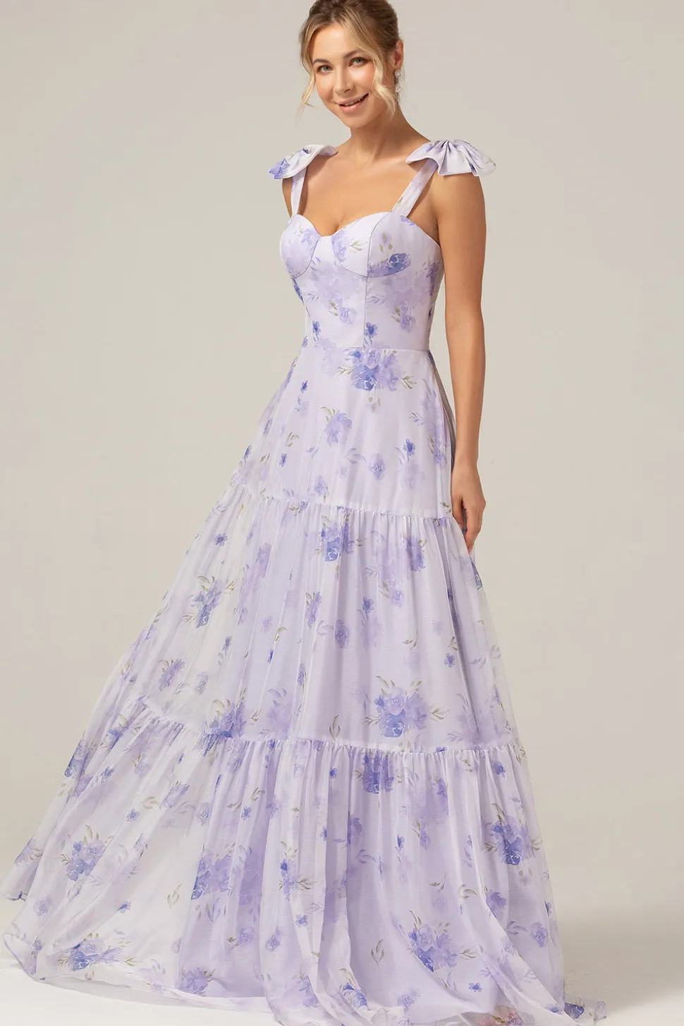 Espartilho Lilás Estampa Floral A-Line Vestido Longo Madrinha