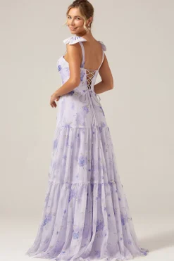 Espartilho Lilás Estampa Floral A-Line Vestido Longo Madrinha