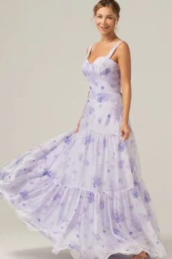 Espartilho Lilás Estampa Floral A-Line Vestido Longo Madrinha