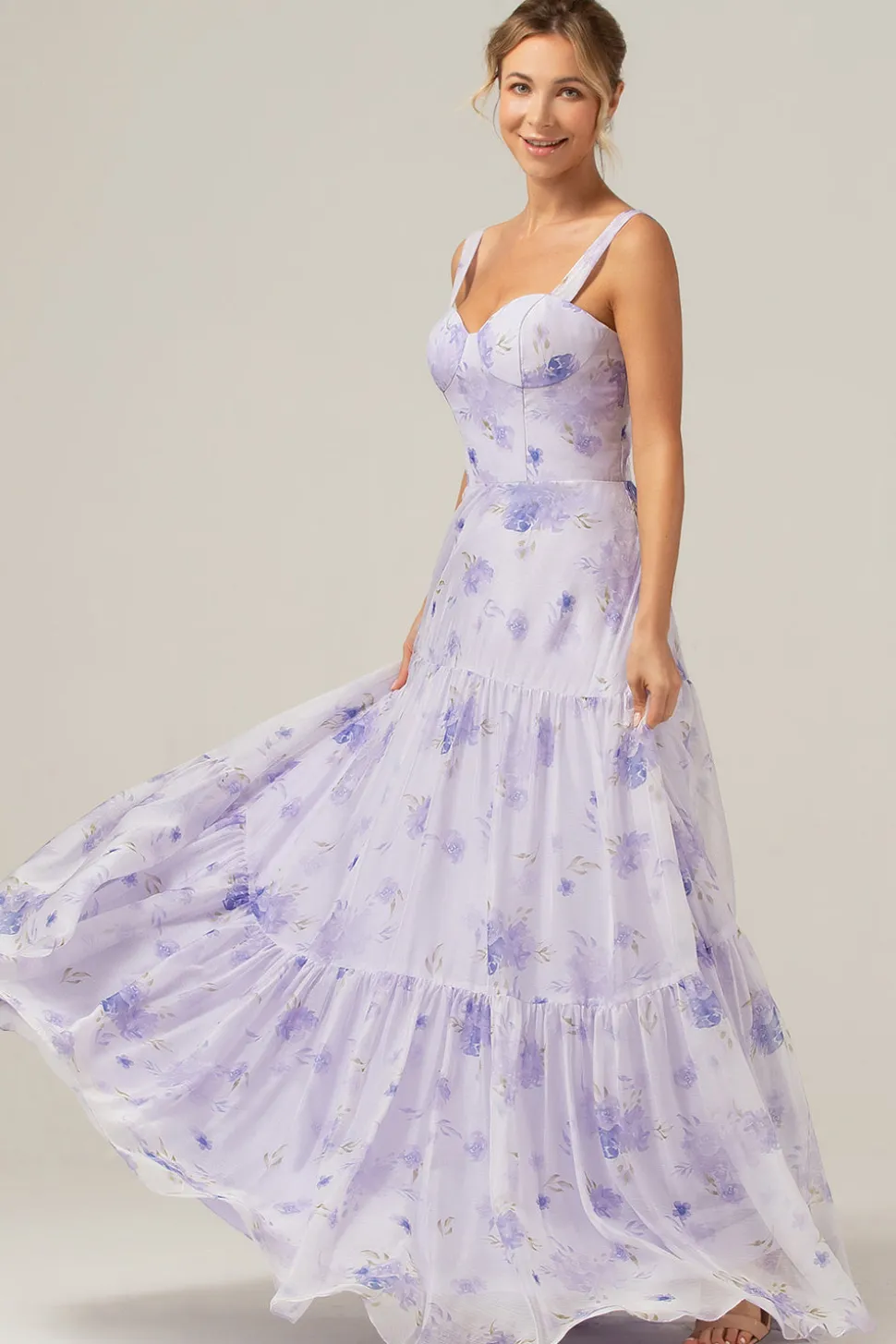 Espartilho Lilás Estampa Floral A-Line Vestido Longo Madrinha