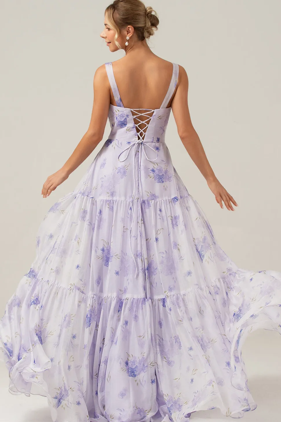 Espartilho Lilás Estampa Floral A-Line Vestido Longo Madrinha